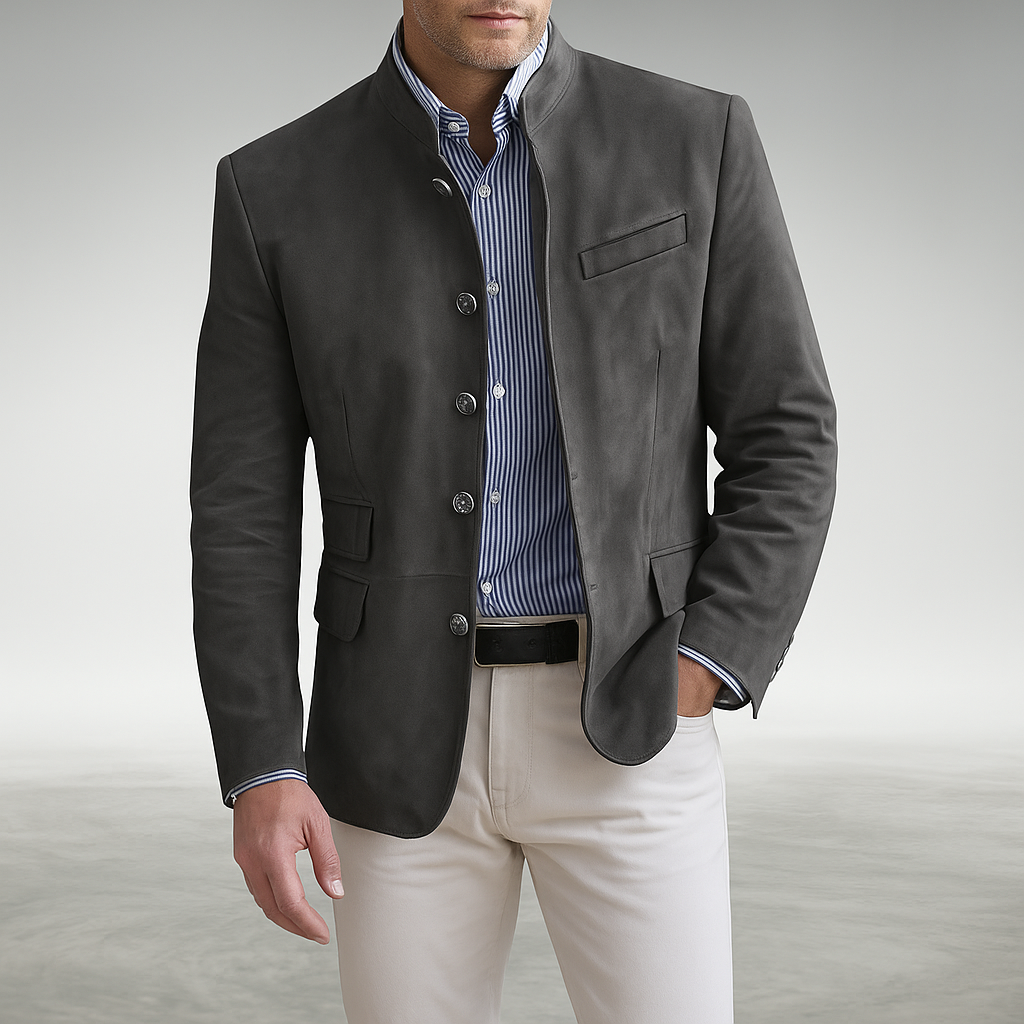 Men's Blazer-Style Cardigan with Stand Collar and Button Closure