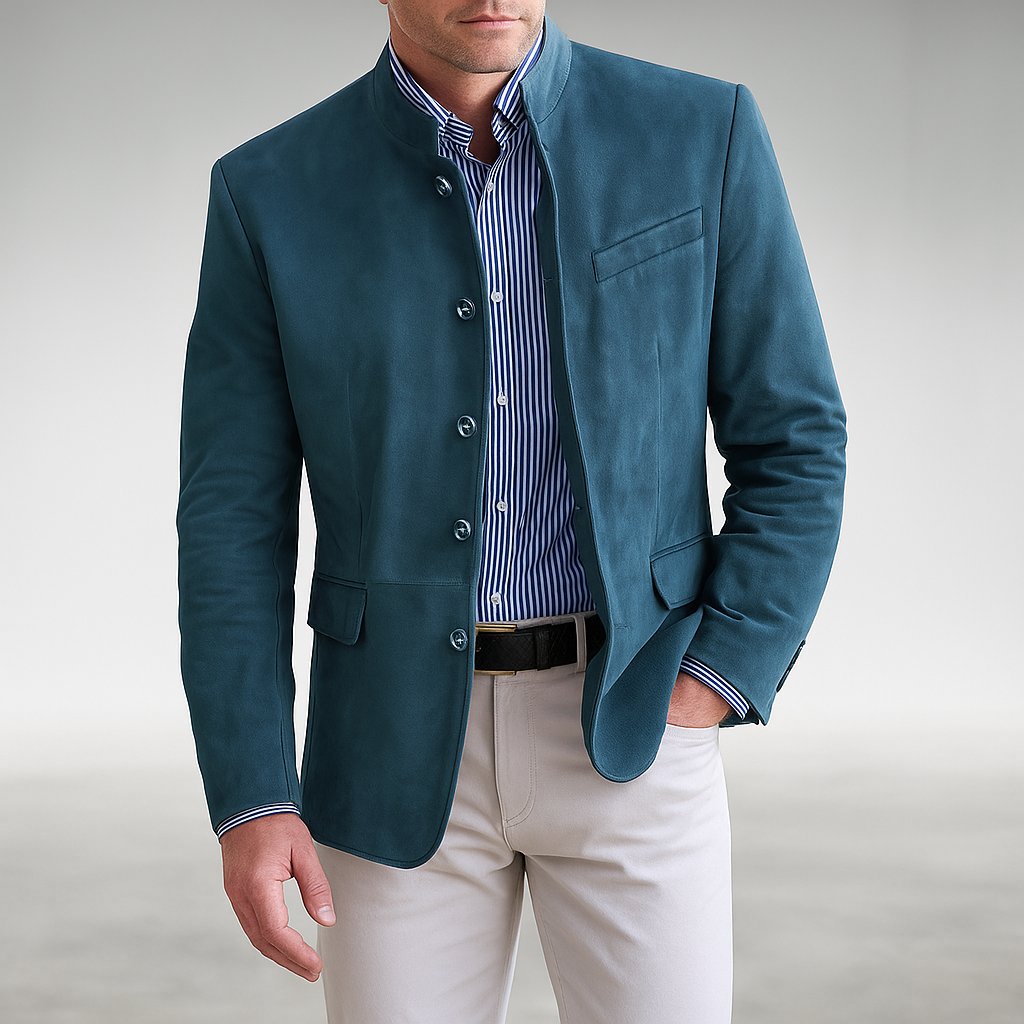 Men's Blazer-Style Cardigan with Stand Collar and Button Closure