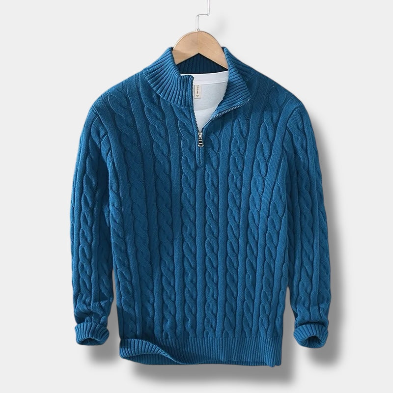 Men's Cable-Knit Sweater with Mock Neck and Half-Zip Closure