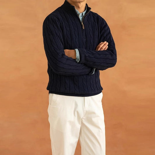 Men's Cable-Knit Sweater with Mock Neck and Half-Zip Closure