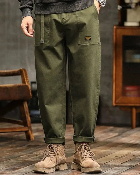 Men's Cargo Trousers with Wide Straight Fit and Flap Pocket Panels