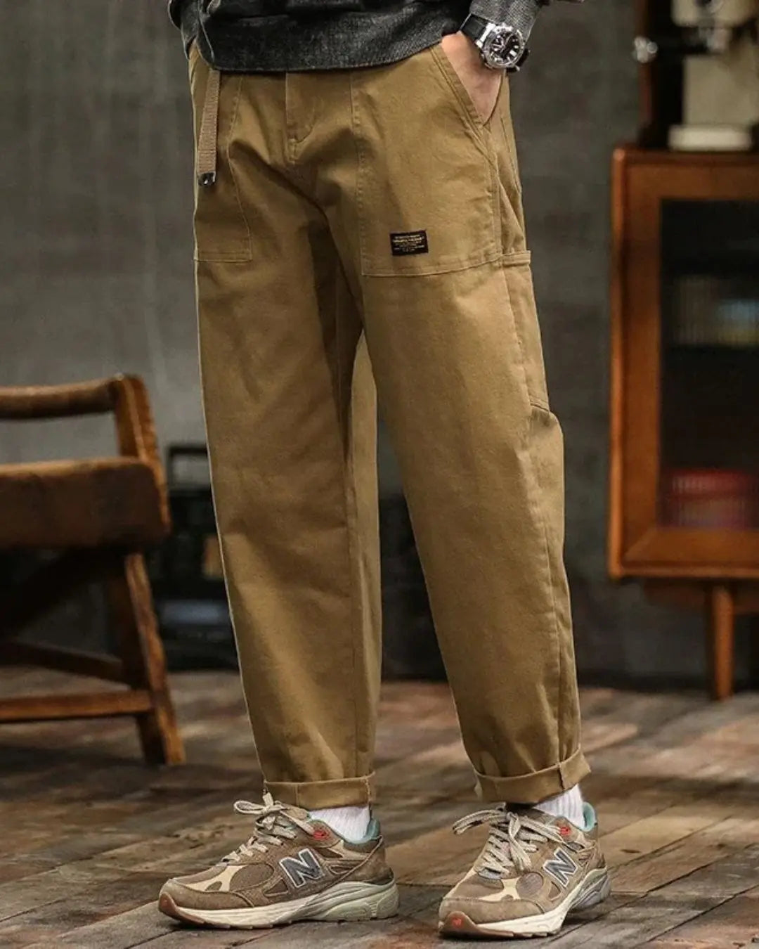 Men's Cargo Trousers with Wide Straight Fit and Flap Pocket Panels