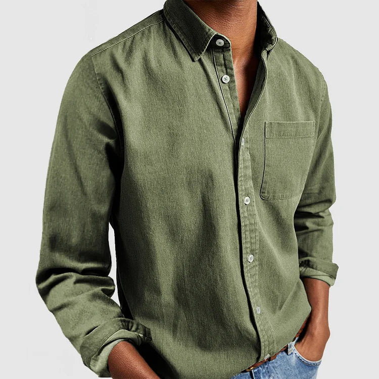 Men's Casual Denim Button-Down Shirt with Long Sleeves and Chest Pocket