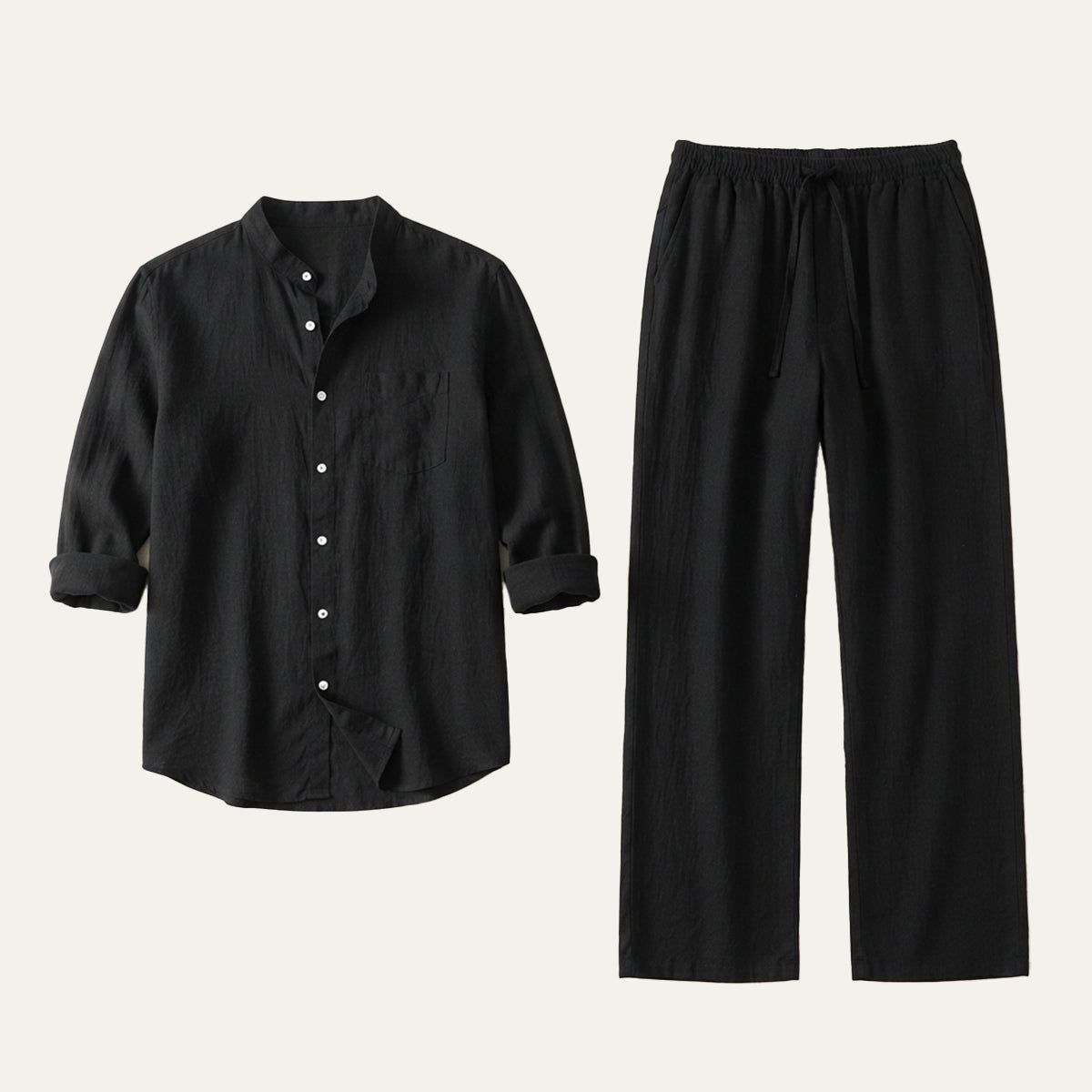 Men's Casual Shirt and Pants Set with Band Collar and Drawstring Waist