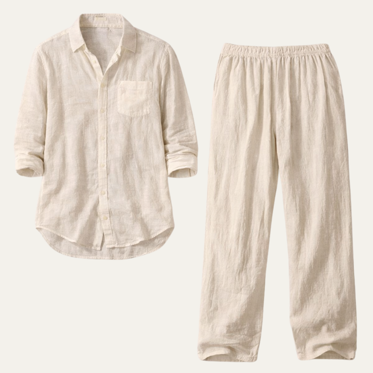 Men's Casual Shirt and Pants Set with Band Collar and Drawstring Waist