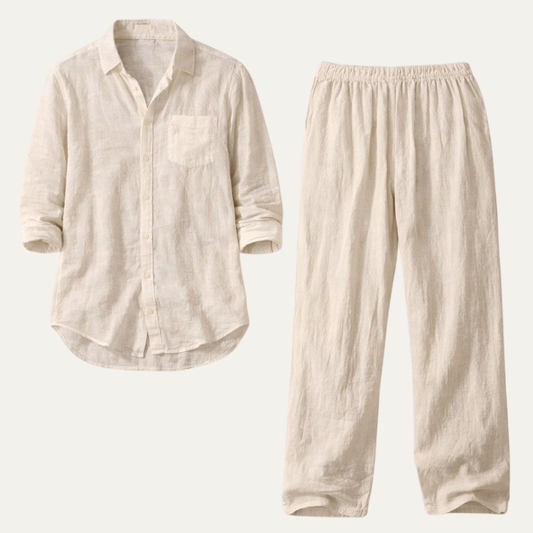 Men's Casual Shirt and Pants Set with Band Collar and Drawstring Waist
