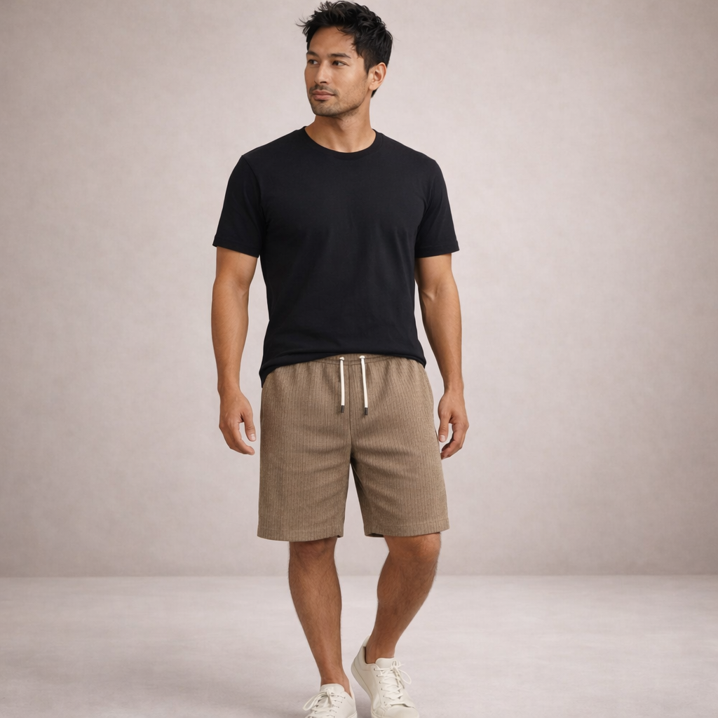 Men's Casual Shorts with Pinstripe Pattern and Drawstring Waist