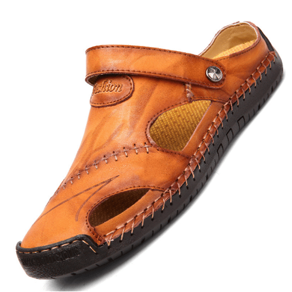 Men's Closed Toe Sandals with Velcro Strap and Faux Leather Look