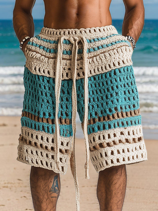 Men's Crochet Shorts with Drawstring Waist and Side Pockets