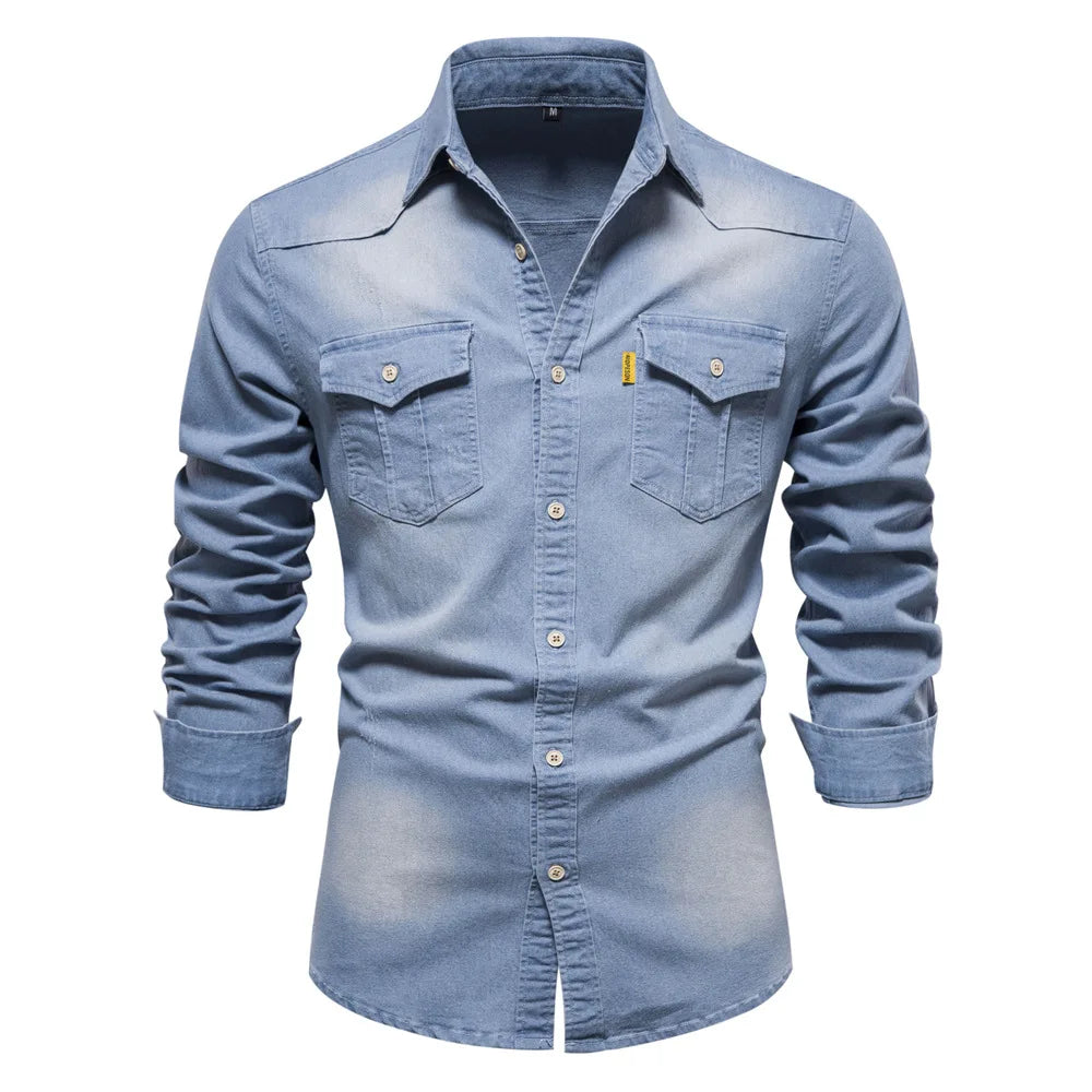 Men's Denim Shirt Long Sleeve with Button Closure and Chest Pockets