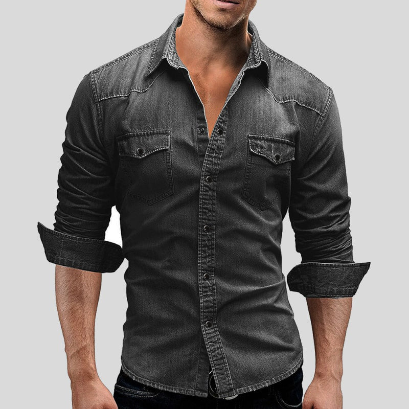 Men's Denim Shirt Long Sleeve with Chest Pockets and Vintage Wash