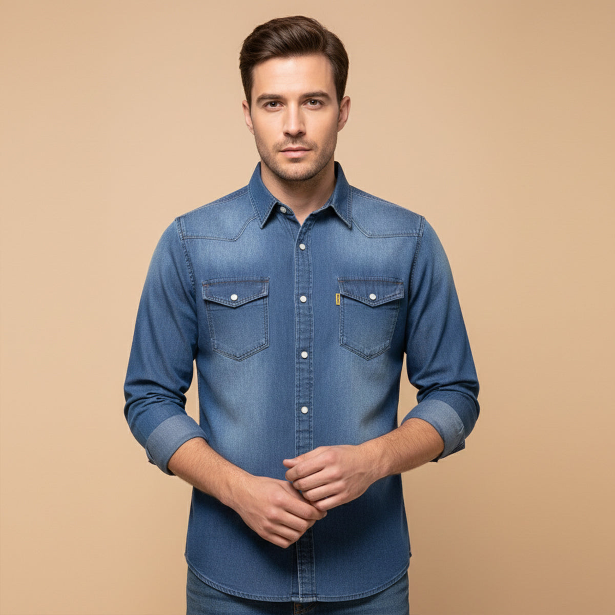 Men's Denim Shirt Long Sleeve with Dual Chest Pockets and Slim Fit