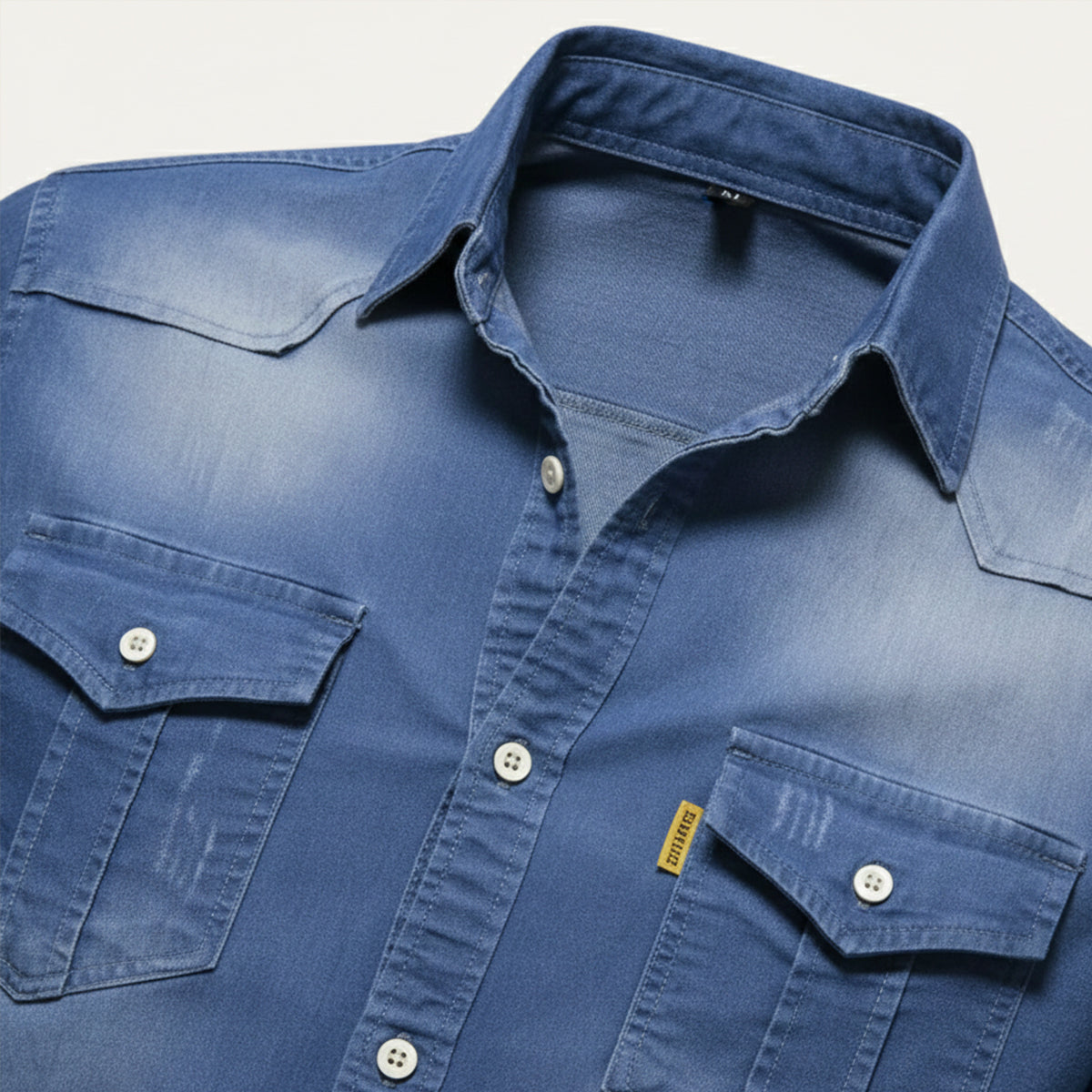 Men's Denim Shirt Long Sleeve with Dual Chest Pockets and Slim Fit