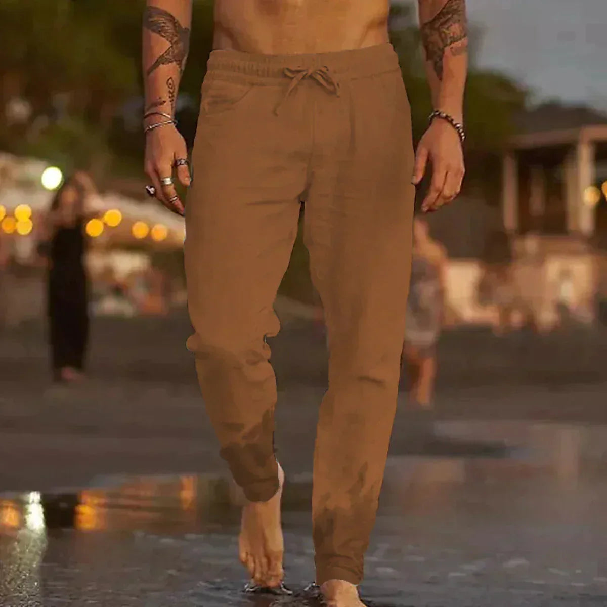Men's Drawstring Trousers with Elastic Waist and Tapered Leg