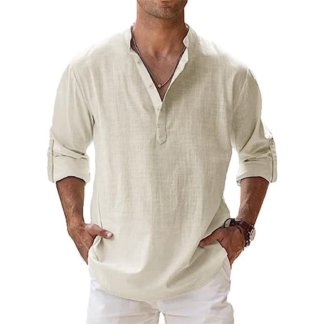 Men's Henley Shirt Long Sleeve with Button Placket and Relaxed Fit
