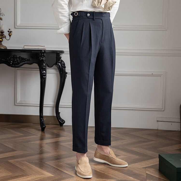 Men's High-Waist Dress Pants with Pleats and Slim Fit