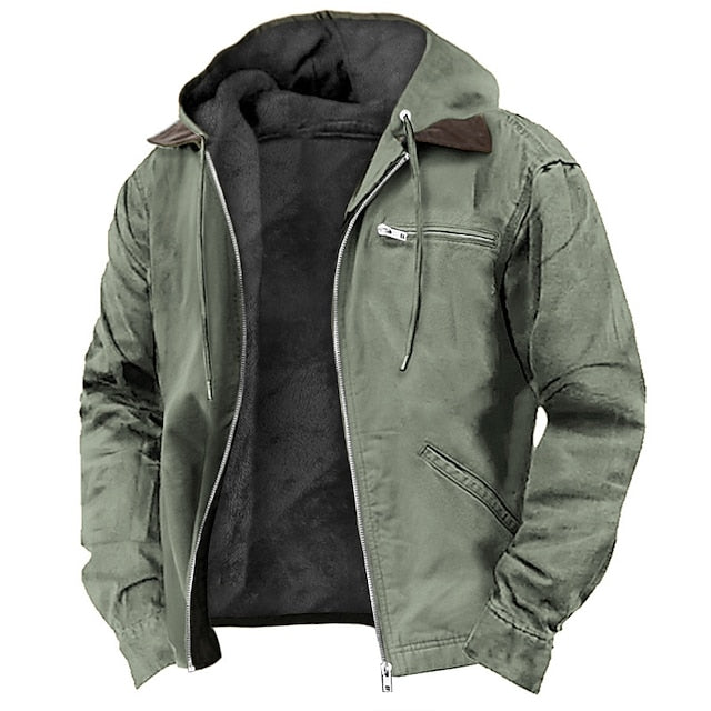 Men's Hooded Winter Jacket with Full Zip and Chest Pocket