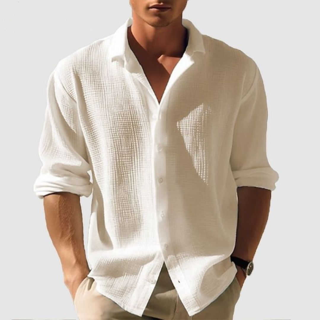 Men's Long Sleeve Button-Down Shirt with Spread Collar and Relaxed Fit