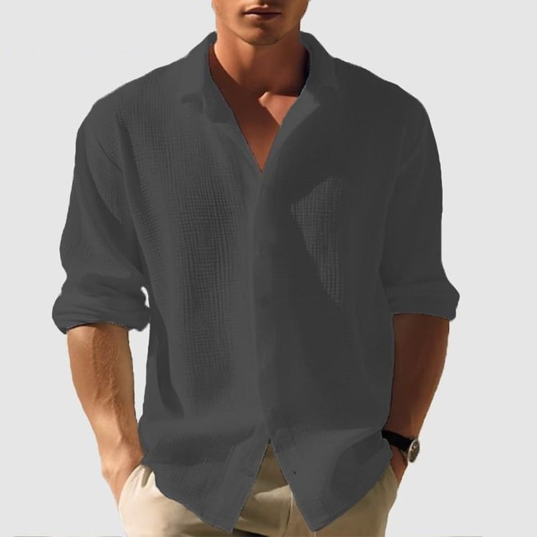 Men's Long Sleeve Button-Down Shirt with Spread Collar and Relaxed Fit