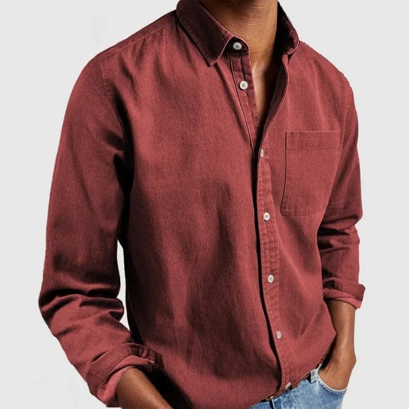 Men's Long Sleeve Casual Shirt with Spread Collar and Chest Pocket