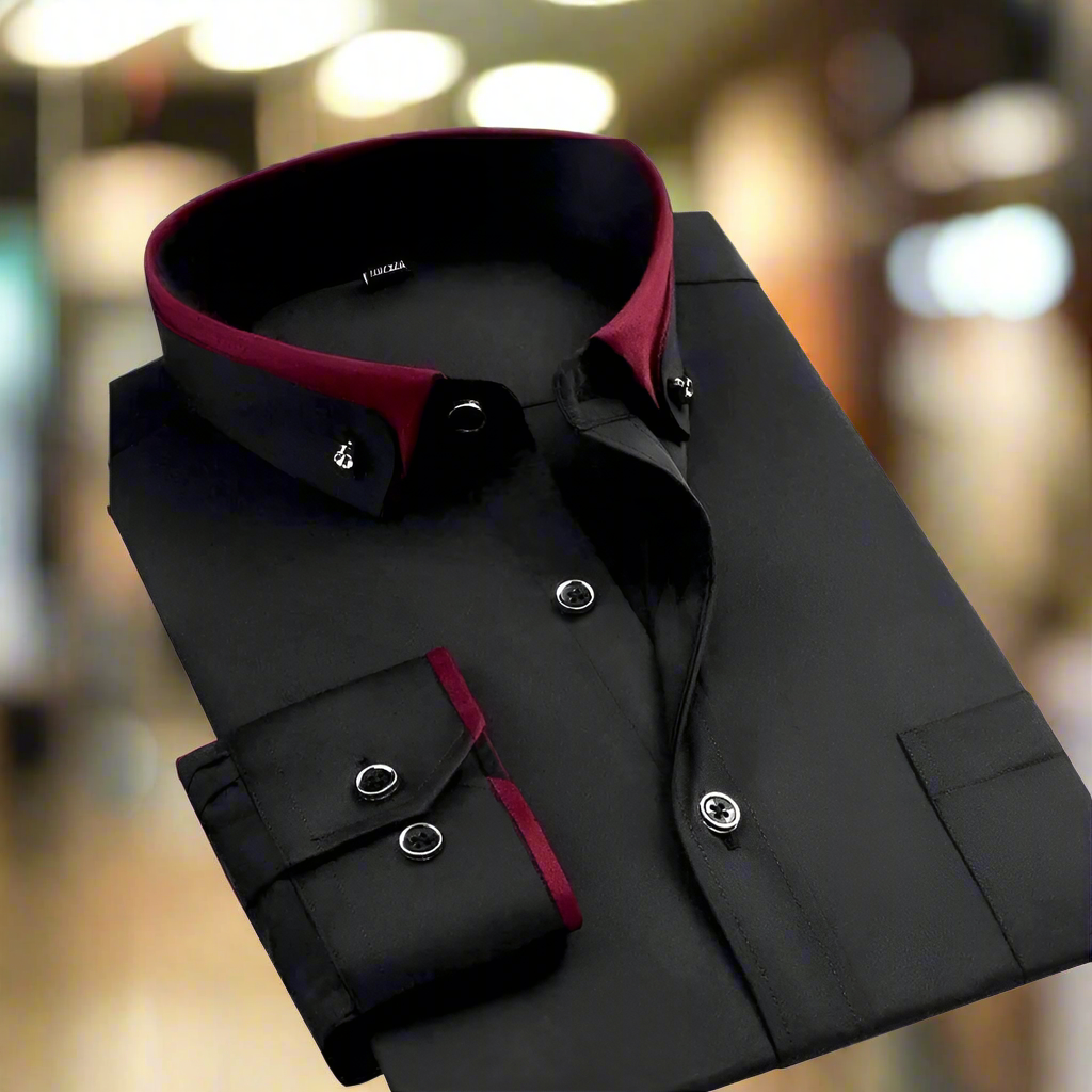 Men's Long Sleeve Dress Shirt with Button-Down Collar and Contrast Trim