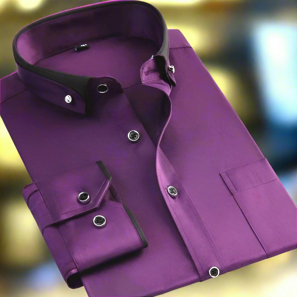Men's Long Sleeve Dress Shirt with Button-Down Collar and Contrast Trim