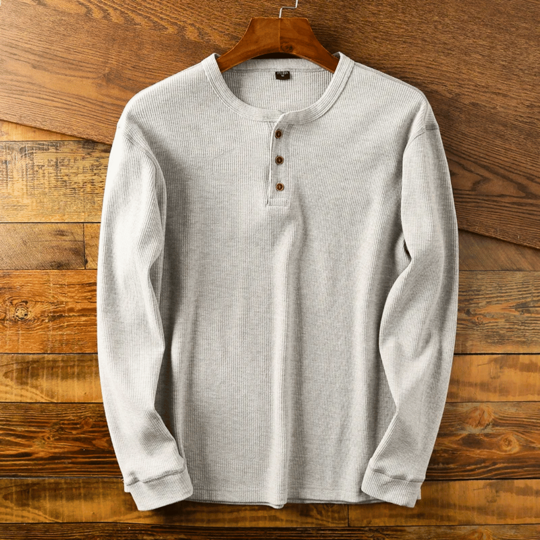Men's Long Sleeve Henley Shirt with Button Placket and Ribbed Texture