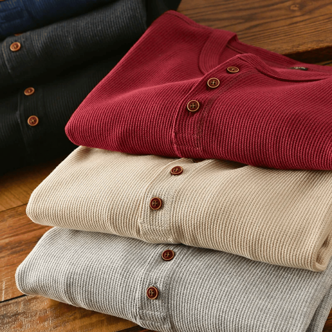 Men's Long Sleeve Henley Shirt with Button Placket and Ribbed Texture