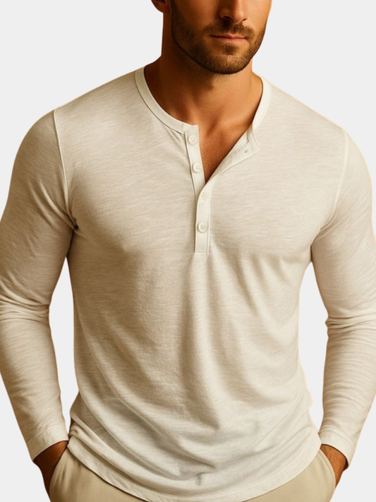 Men's Long Sleeve Henley Shirt with Button Placket and Slim Fit