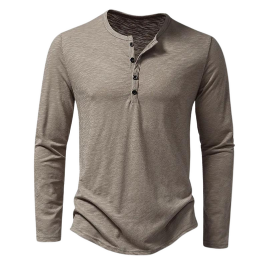 Men's Long Sleeve Henley T-Shirt with Button Placket and Crew Neck