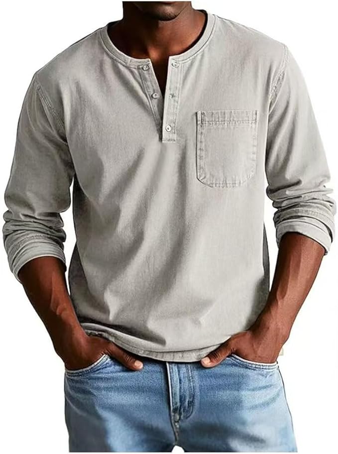 Men's Long Sleeve Henley T-Shirt with Chest Pocket and Button Placket