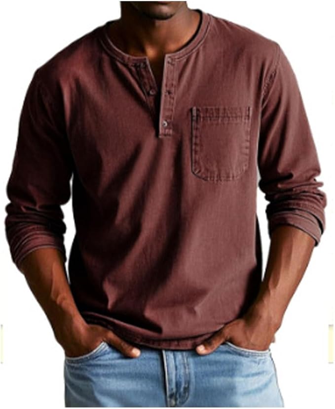 Men's Long Sleeve Henley T-Shirt with Chest Pocket and Button Placket