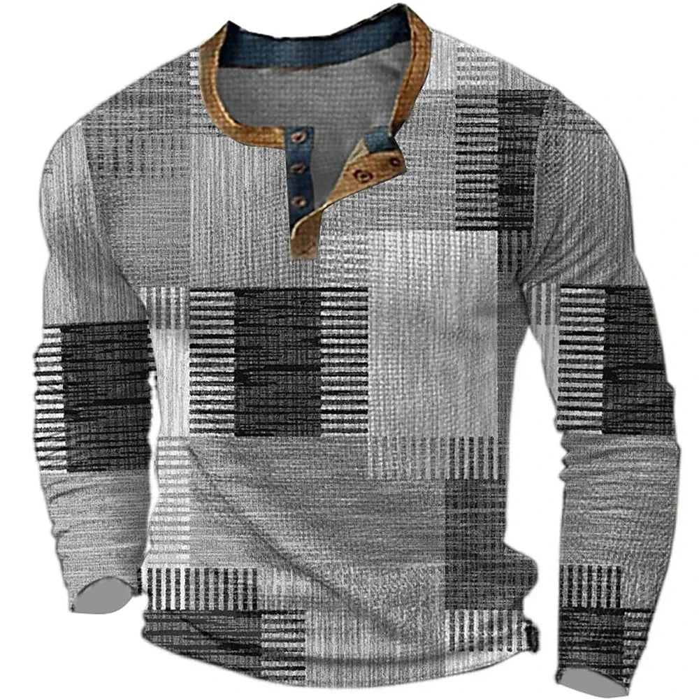 Men's Long Sleeve Henley with Geometric Patchwork Print