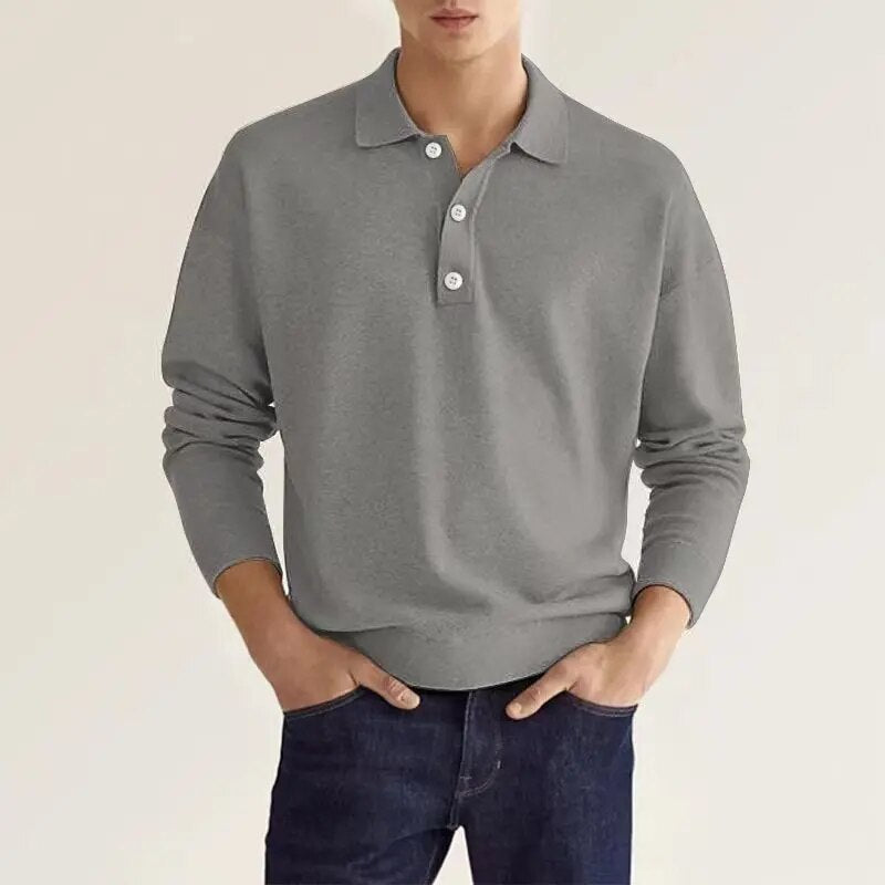 Men's Long Sleeve Polo Shirt with Button Collar and Regular Fit