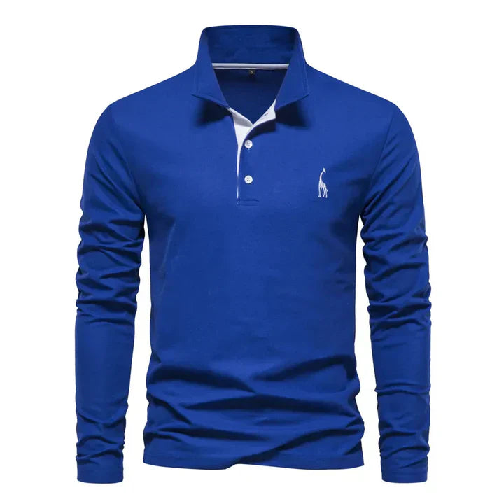 Men's Long Sleeve Polo Shirt with Classic Collar and Giraffe Embroidery