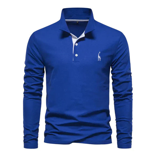 Men's Long Sleeve Polo Shirt with Classic Collar and Giraffe Embroidery