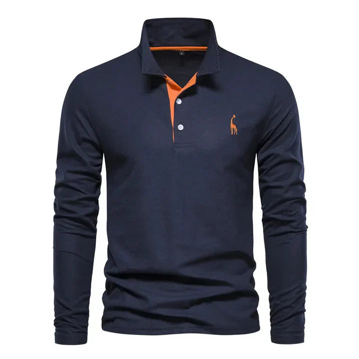 Men's Long Sleeve Polo Shirt with Classic Collar and Giraffe Embroidery