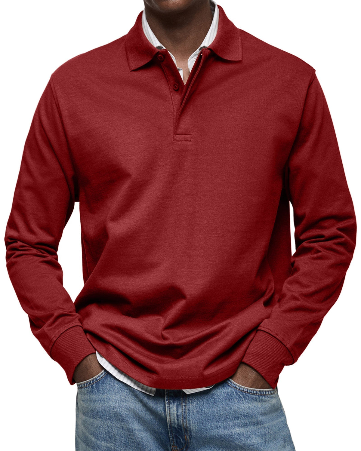 Men's Long Sleeve Polo Shirt with Fold-Over Collar and Button Placket