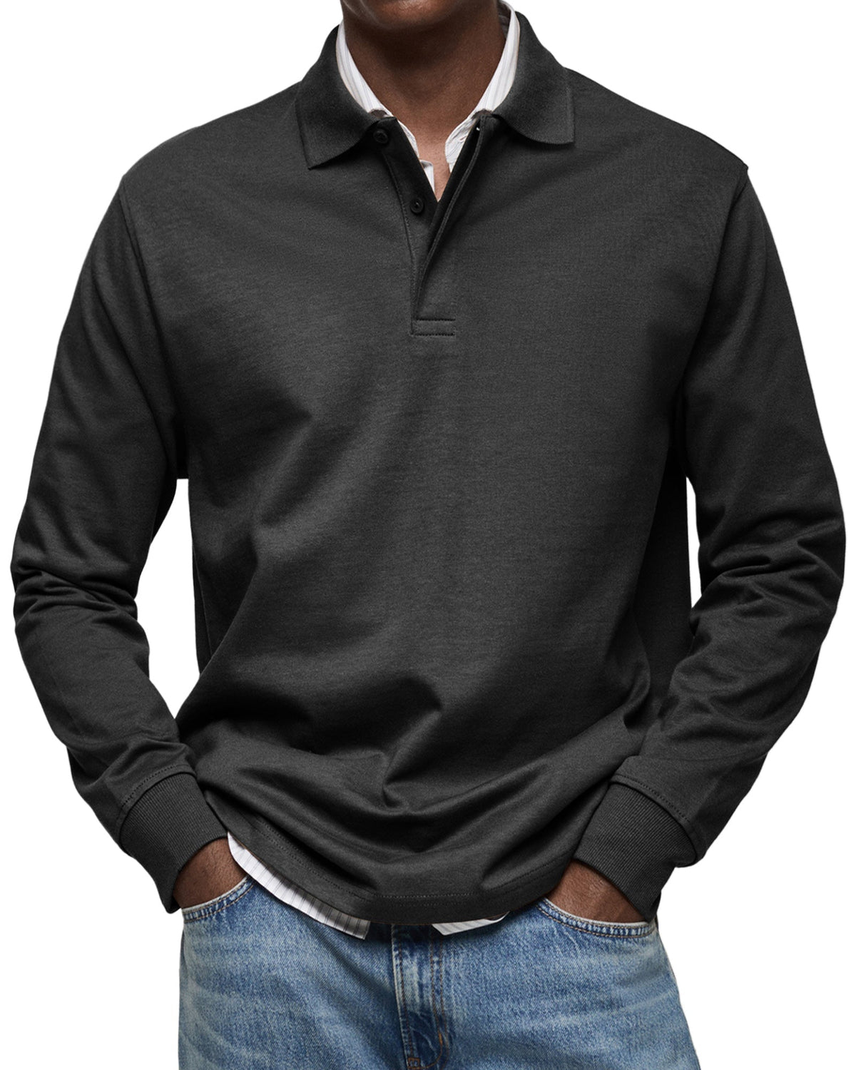 Men's Long Sleeve Polo Shirt with Fold-Over Collar and Button Placket