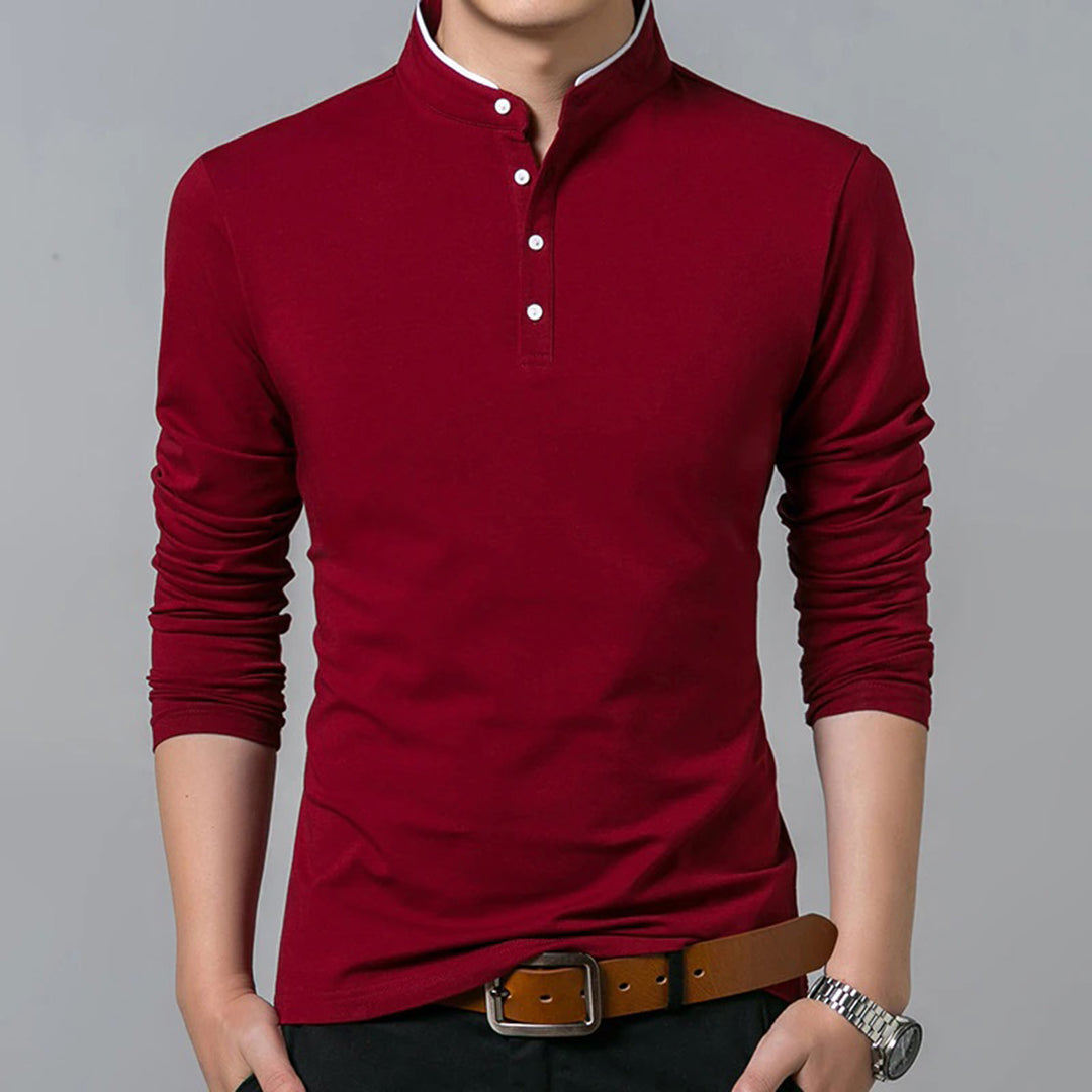 Men's Long Sleeve Polo Shirt with Mandarin Collar Slim Fit