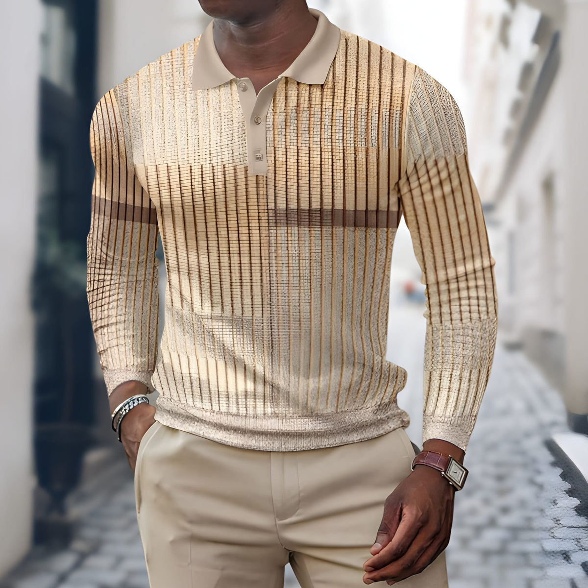 Men's Long Sleeve Polo Shirt with Patchwork Print and Button Collar