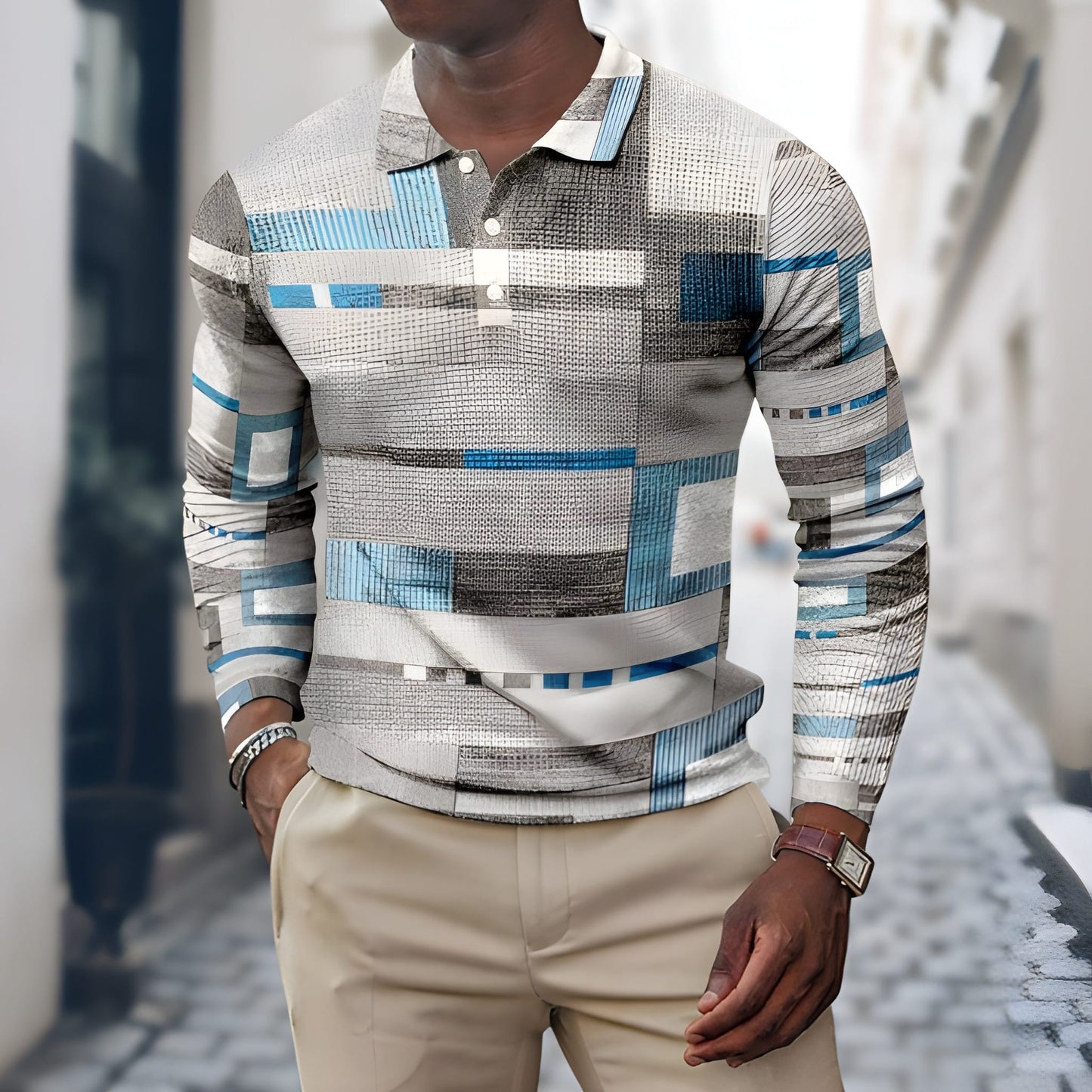 Men's Long Sleeve Polo Shirt with Patchwork Print and Button Collar
