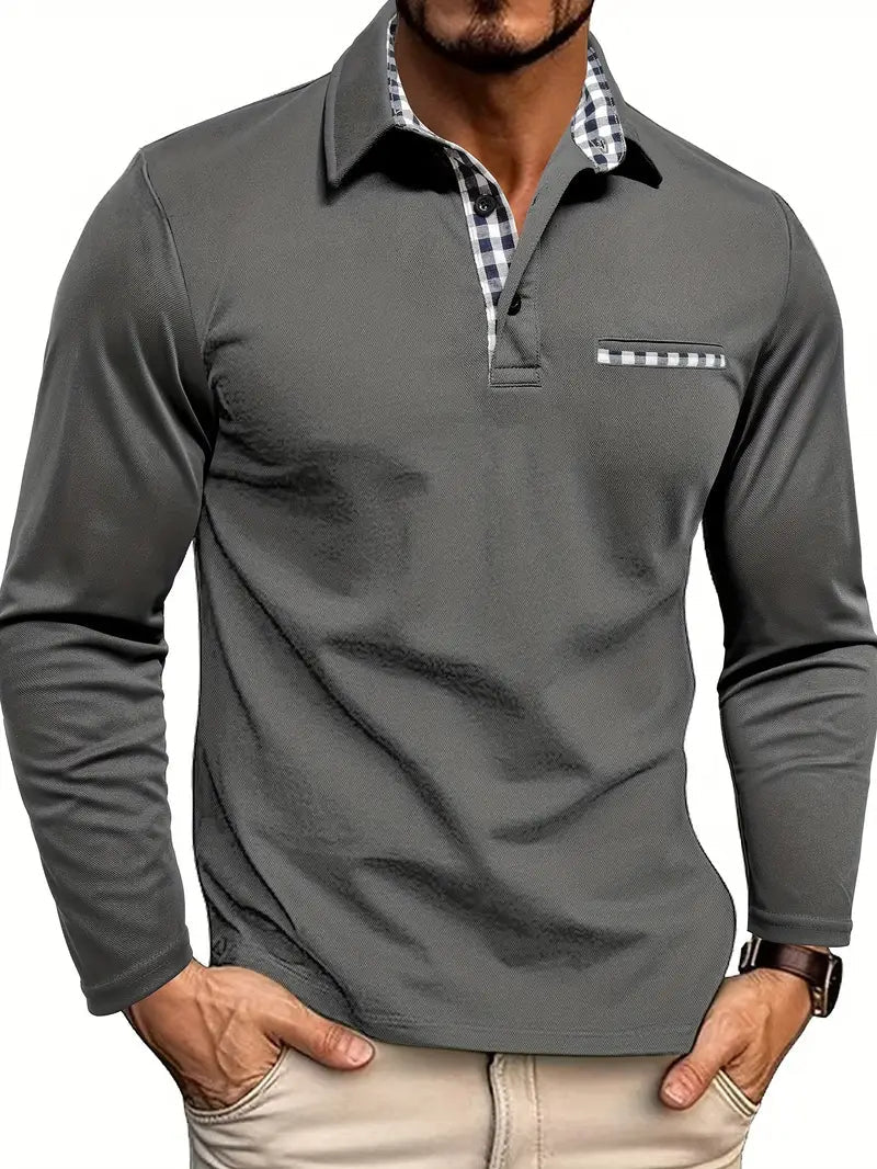 Men's Long Sleeve Polo Shirt with Plaid Collar Accent and Chest Pocket