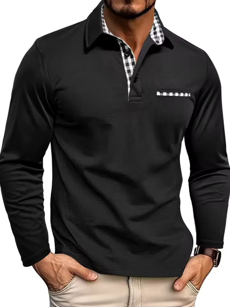 Men's Long Sleeve Polo Shirt with Plaid Collar and Chest Pocket