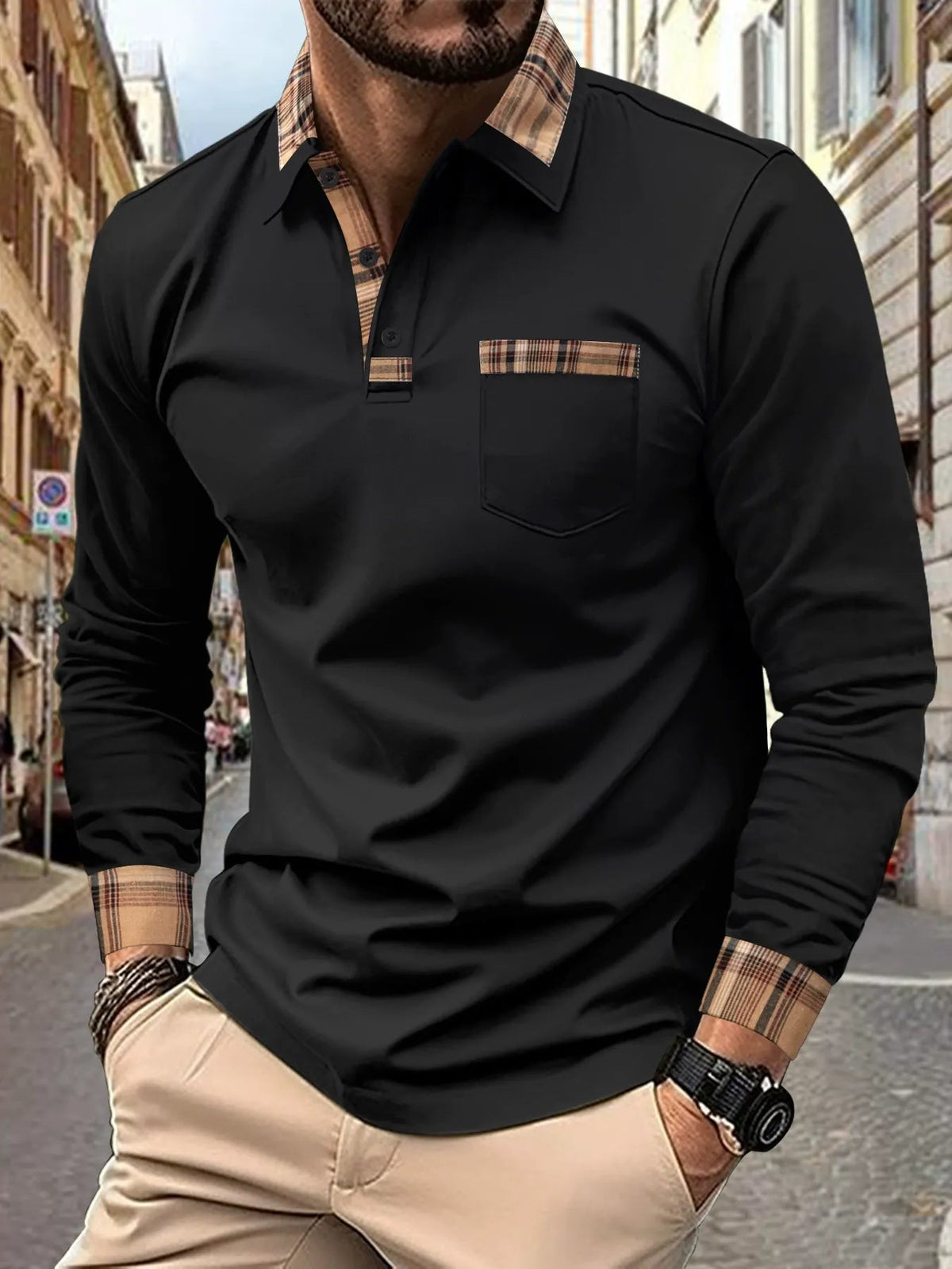 Men's Long Sleeve Polo Shirt with Plaid Collar, Cuffs and Chest Pocket