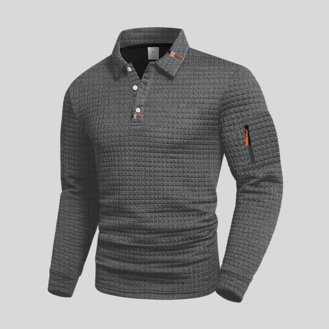 Men's Long Sleeve Polo Shirt with Waffle Texture and Sleeve Zip Pocket