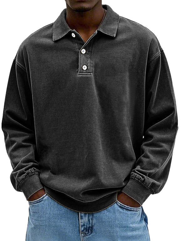 Men's Long Sleeve Polo Sweatshirt with Collar and Button Placket Oversized Fit