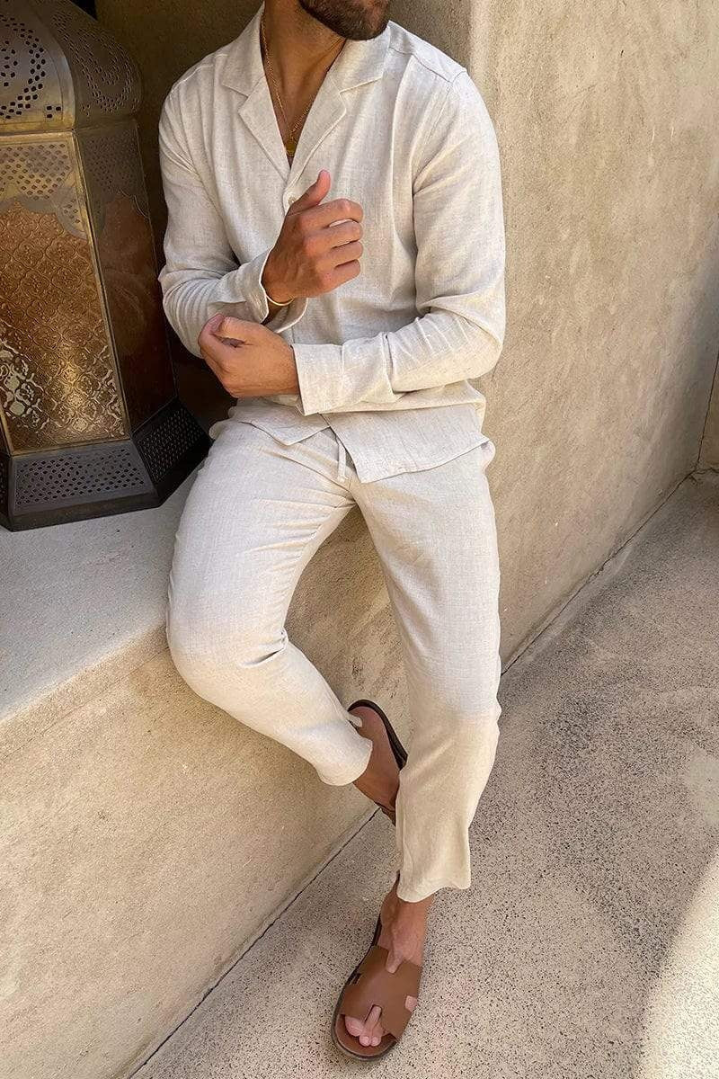 Men's Long Sleeve Shirt and Trouser Co-ord Set with Lapel Collar