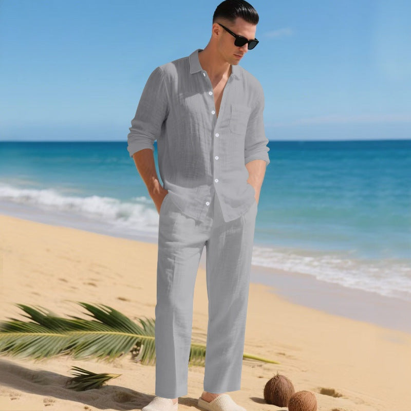 Men's Long Sleeve Shirt and Trousers Clothing Set with Button-Down Collar