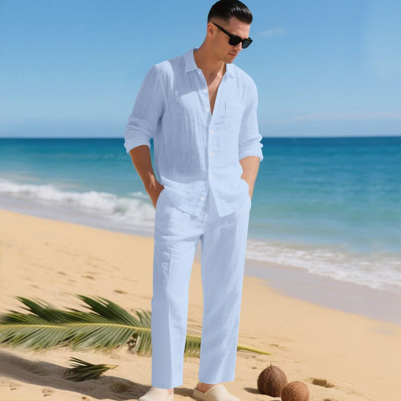 Men's Long Sleeve Shirt and Trousers Clothing Set with Button-Down Collar